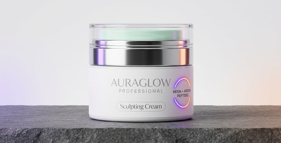 The AuraGlow Professional Sculpting Cream jar, lid open, resting on a stone ledge in soft light