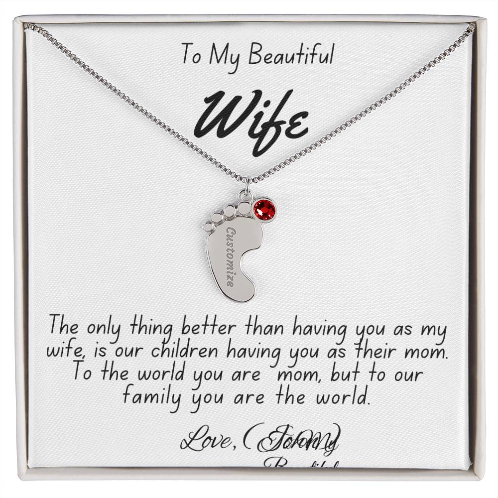 Personalized Mother's Necklace with Baby Feet Charm & Engraved Name | To My Beautiful Wife