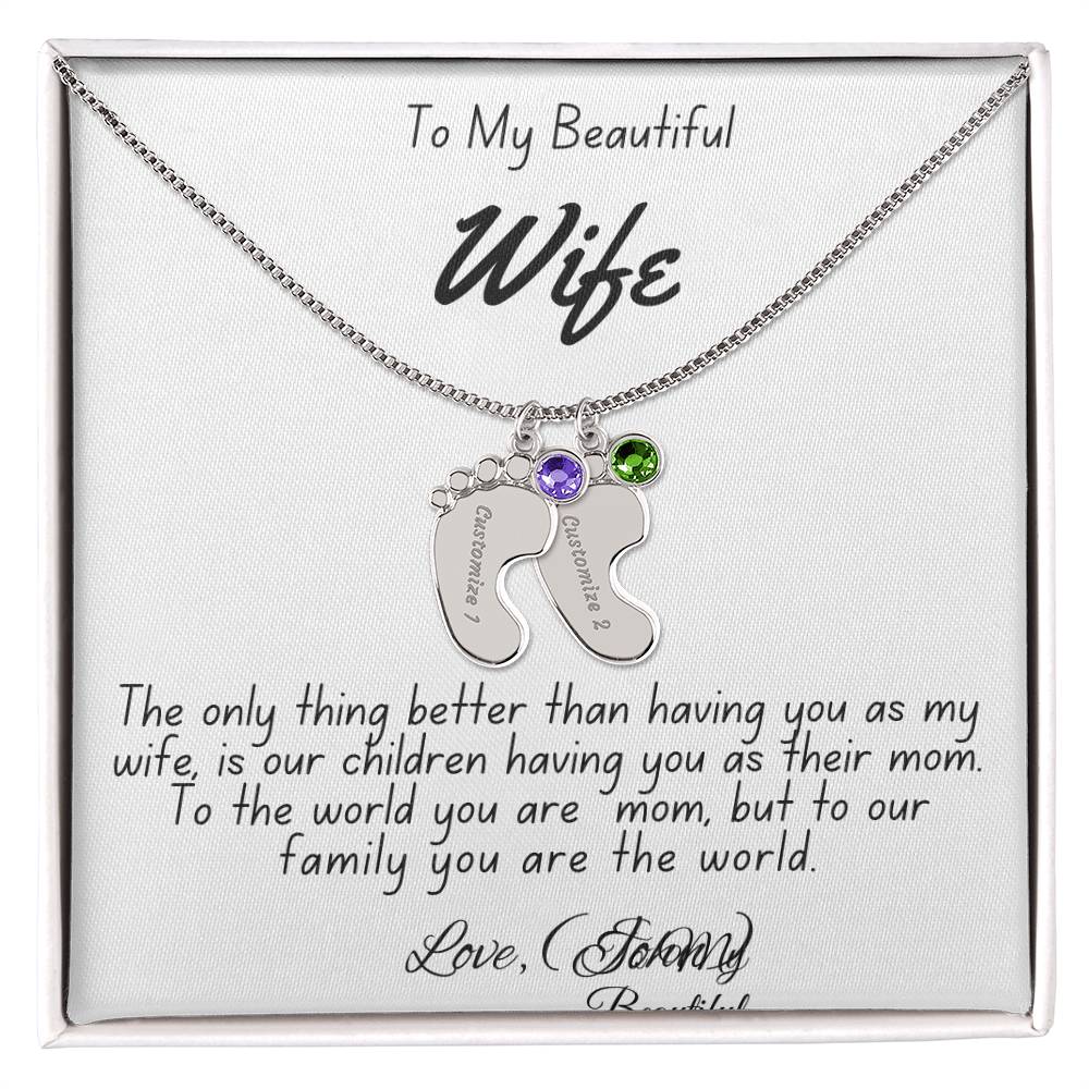 Personalized Mother's Necklace with Baby Feet Charm & Engraved Name | To My Beautiful Wife