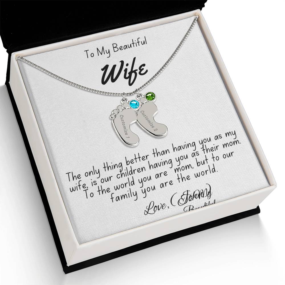 Personalized Mother's Necklace with Baby Feet Charm & Engraved Name | To My Beautiful Wife