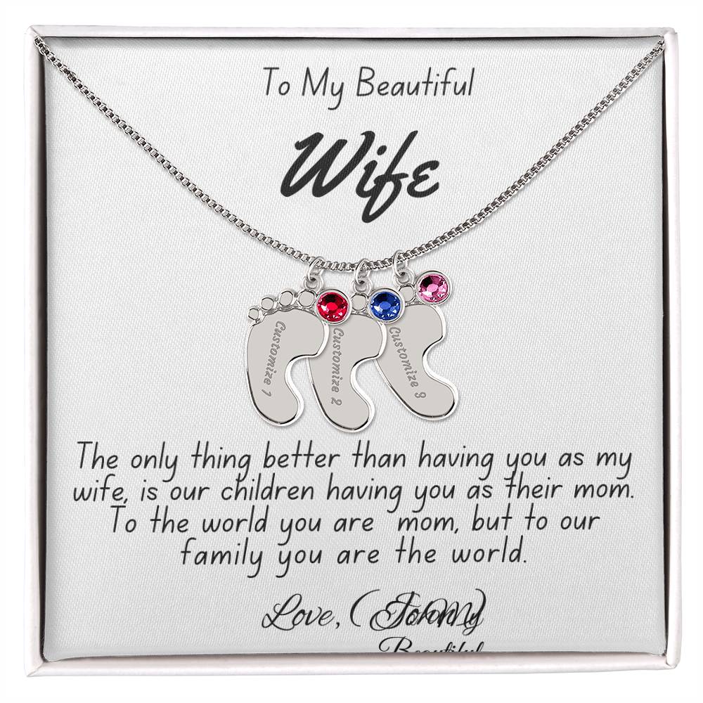 Personalized Mother's Necklace with Baby Feet Charm & Engraved Name | To My Beautiful Wife