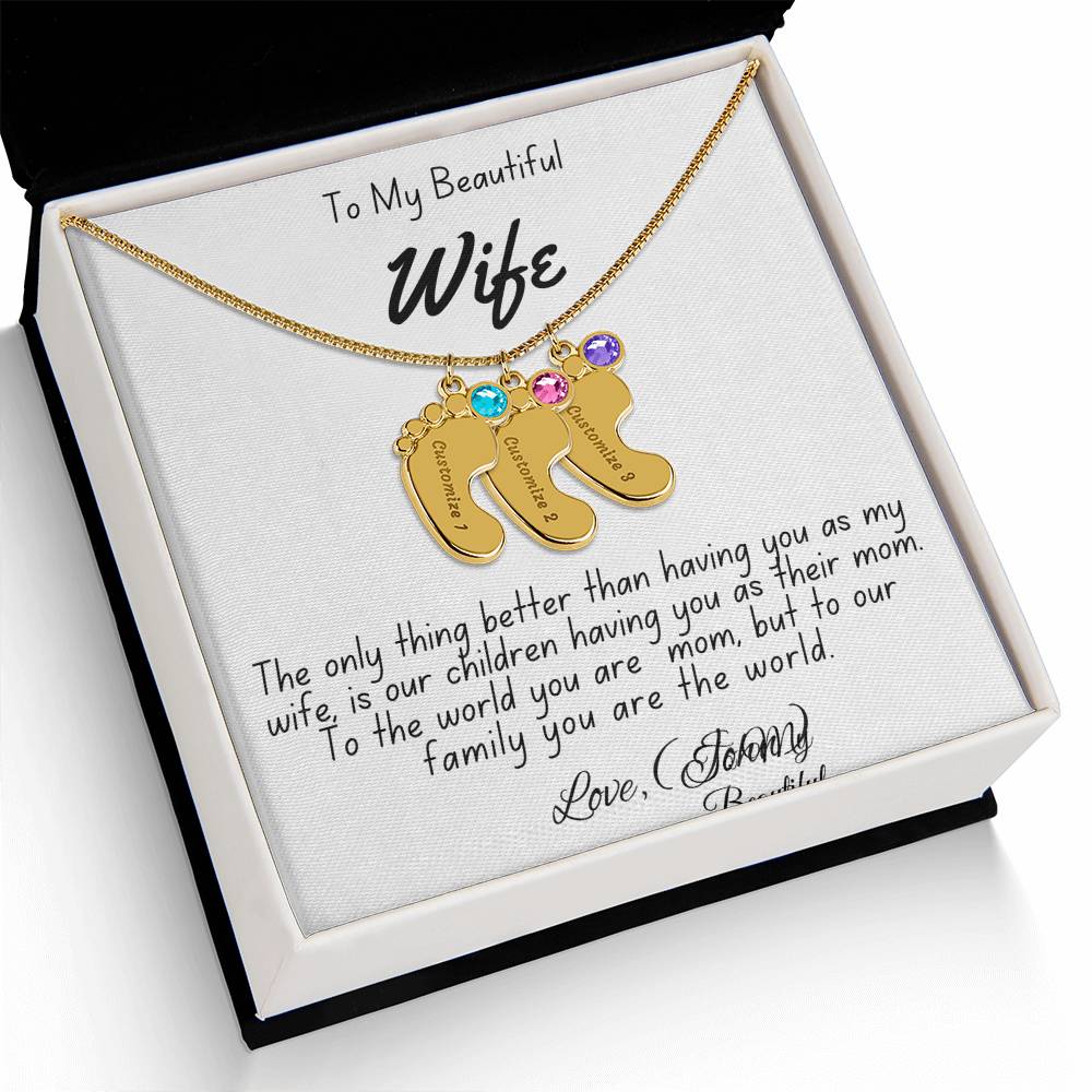 Personalized Mother's Necklace with Baby Feet Charm & Engraved Name | To My Beautiful Wife