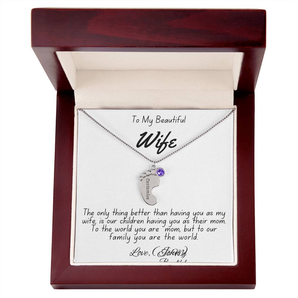 Personalized Mother's Necklace with Baby Feet Charm & Engraved Name | To My Beautiful Wife