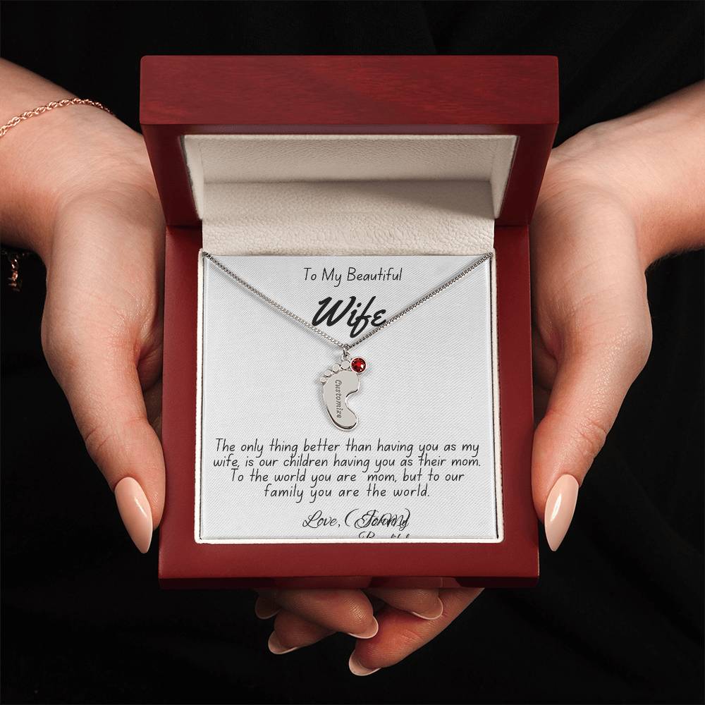 Personalized Mother's Necklace with Baby Feet Charm & Engraved Name | To My Beautiful Wife