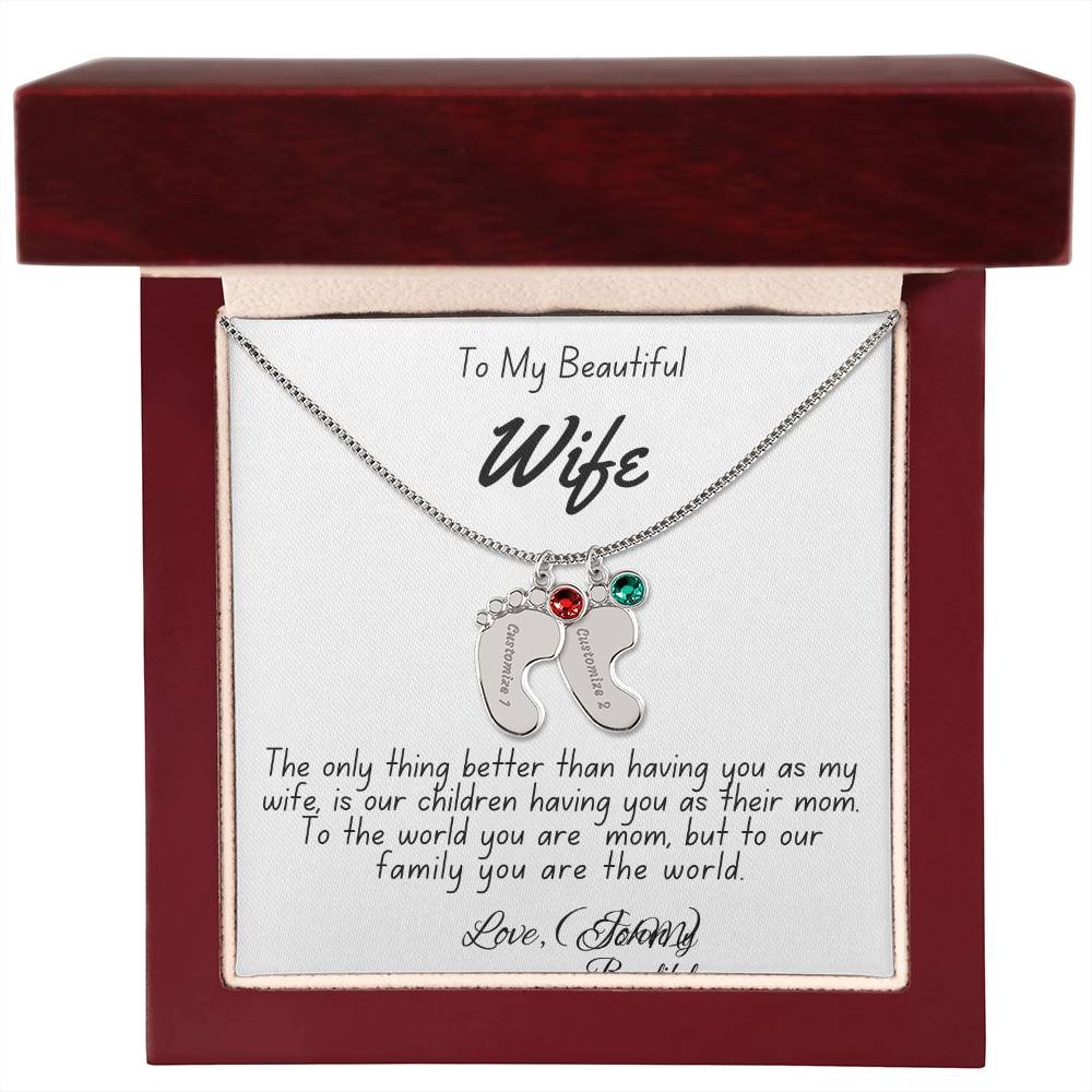 Personalized Mother's Necklace with Baby Feet Charm & Engraved Name | To My Beautiful Wife