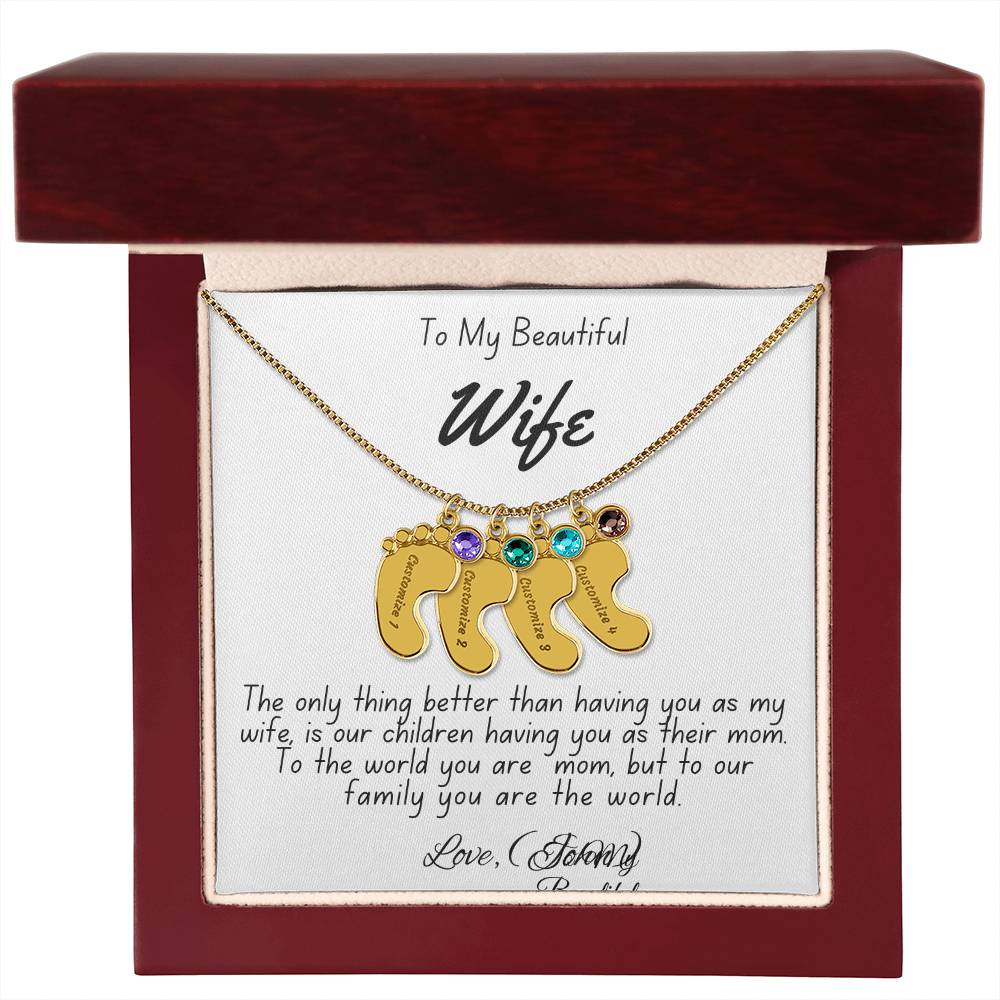 Personalized Mother's Necklace with Baby Feet Charm & Engraved Name | To My Beautiful Wife