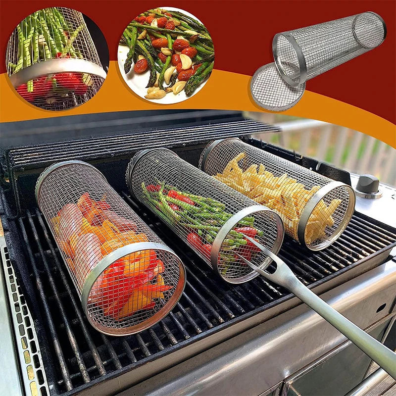 New Rolling Grilling BBQ Basket | Stainless Steel Leakproof Mesh Barbecue Rack