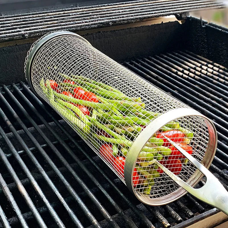 New Rolling Grilling BBQ Basket | Stainless Steel Leakproof Mesh Barbecue Rack